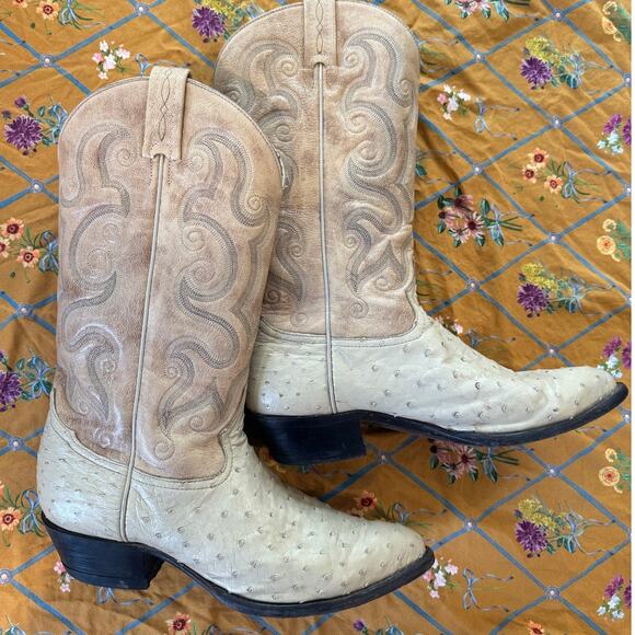 Vintage Tony Lama 8863 Full Quill Ostrich Cowboy Boots Bone Ivory USA Men 8.5 EE main image 8